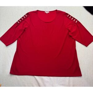 89th + Madison Top Womens 2X Red Cold Shoulder Rhinestone 3/4 Sleeve Blouse Glam